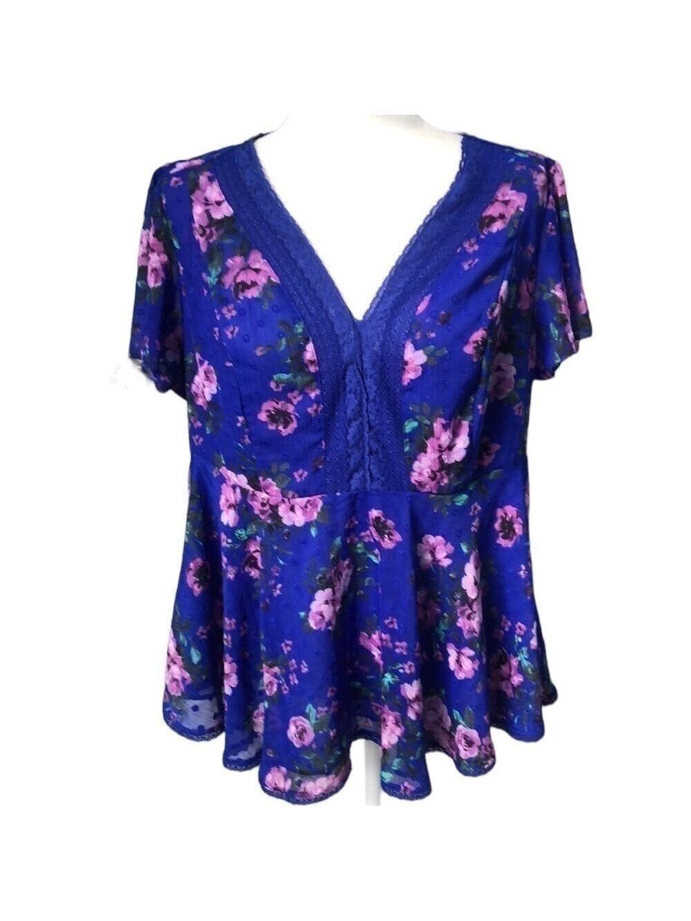Torrid Peplum Chiffon Clip Dot Lace Blue Floral Inset Top Size 00/Medium